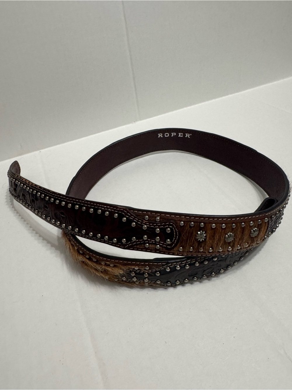 Roper Western Belt Hair-On Hide Studded Brown Leather Size 40